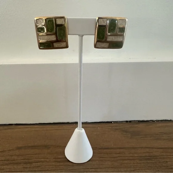 Vintage Italian Cloissoné Mosaic Square Clip-on Earrings in Gold, Green, Ivory